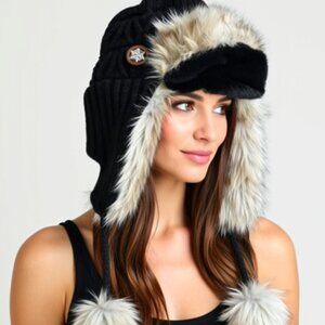 NYC Underground women's hat, black trapper with faux fur trim & pom-pom (WH004)